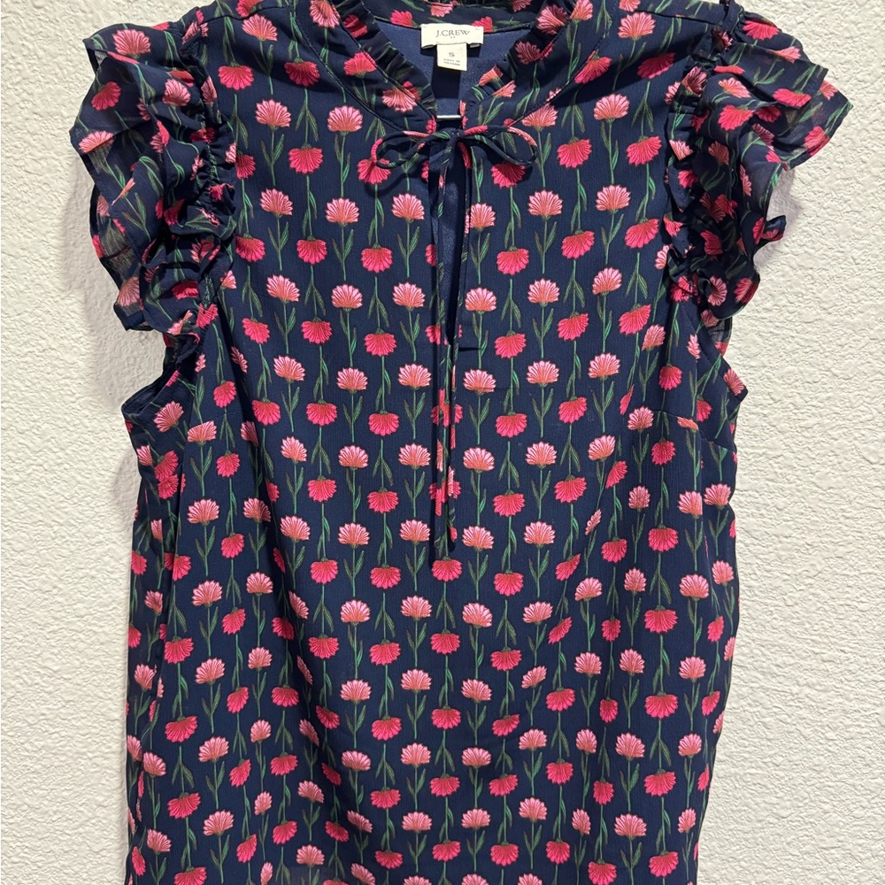 J.Crew Navy Floral Ruffle Top
